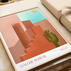 Galerie Bohème Abstract Moroccan Stairs Cactus Poster Desert Wall Art Print featuring geometric forms and vibrant colors.