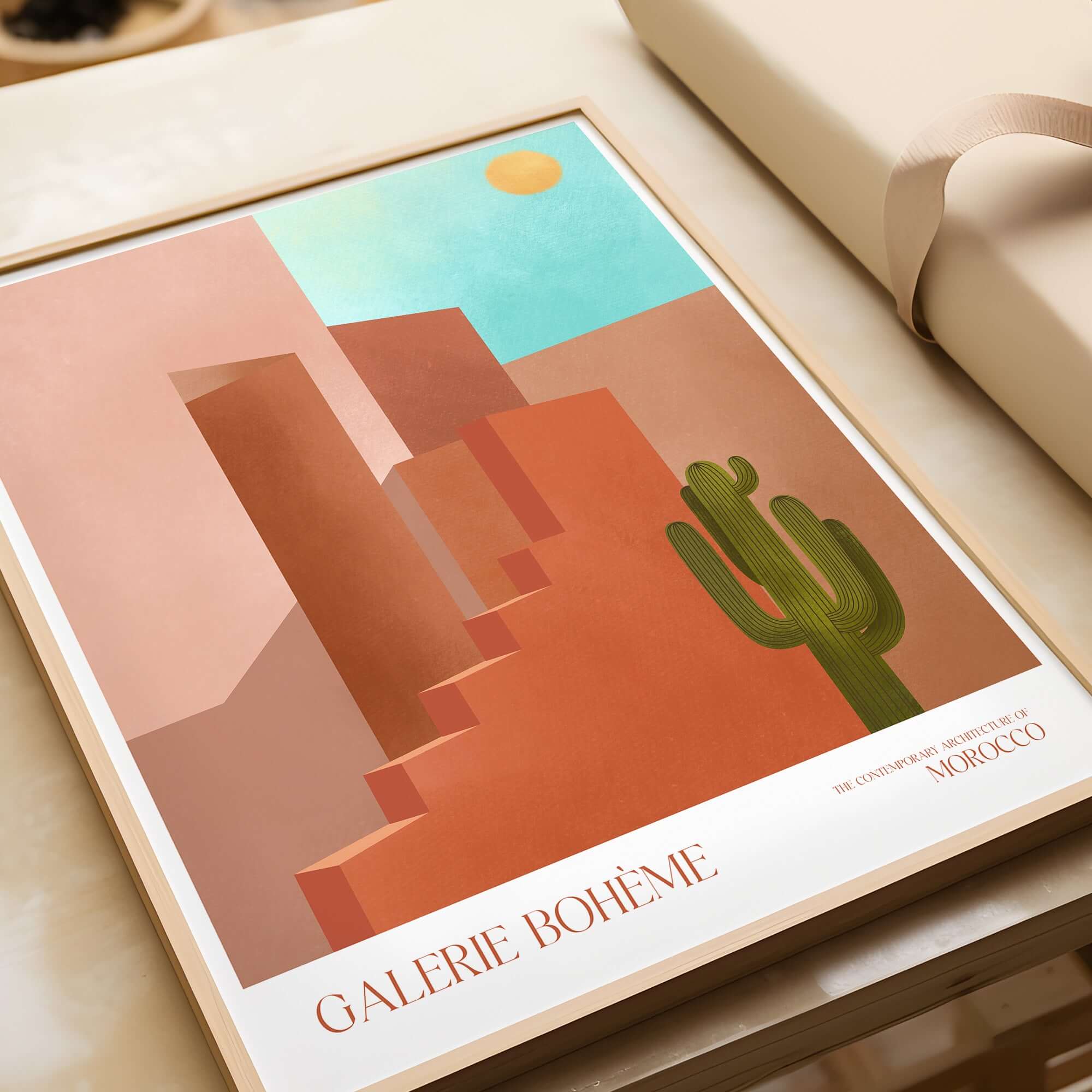 Galerie Bohème Abstract Moroccan Stairs Cactus Poster Desert Wall Art Print featuring geometric forms and vibrant colors.