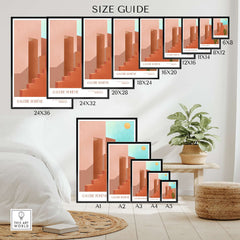 Gallery size guide for Galerie Bohème Abstract Moroccan Stairs Cactus Poster Desert Wall Art Print in various dimensions.