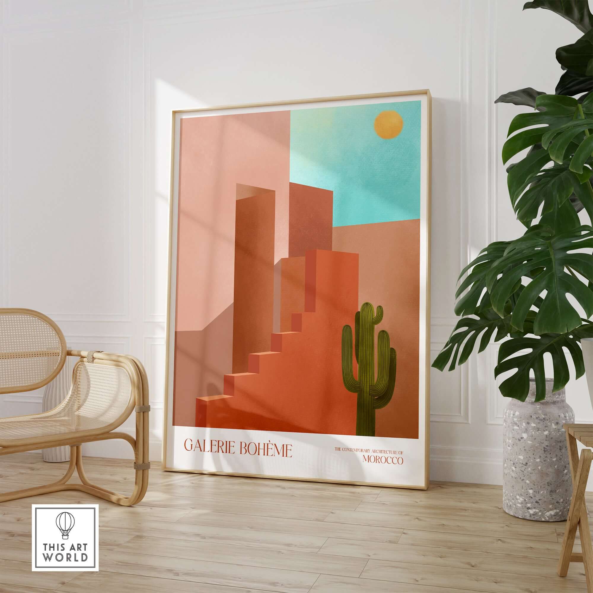 Galerie Bohème Abstract Moroccan Stairs Cactus Poster Desert Wall Art Print displayed in a modern interior setting.