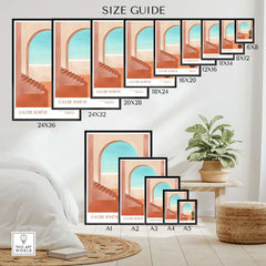 Size guide for Galerie Bohème Moroccan Archway Cactus Art Print Terracotta Wall Decor Poster with dimensions displayed.