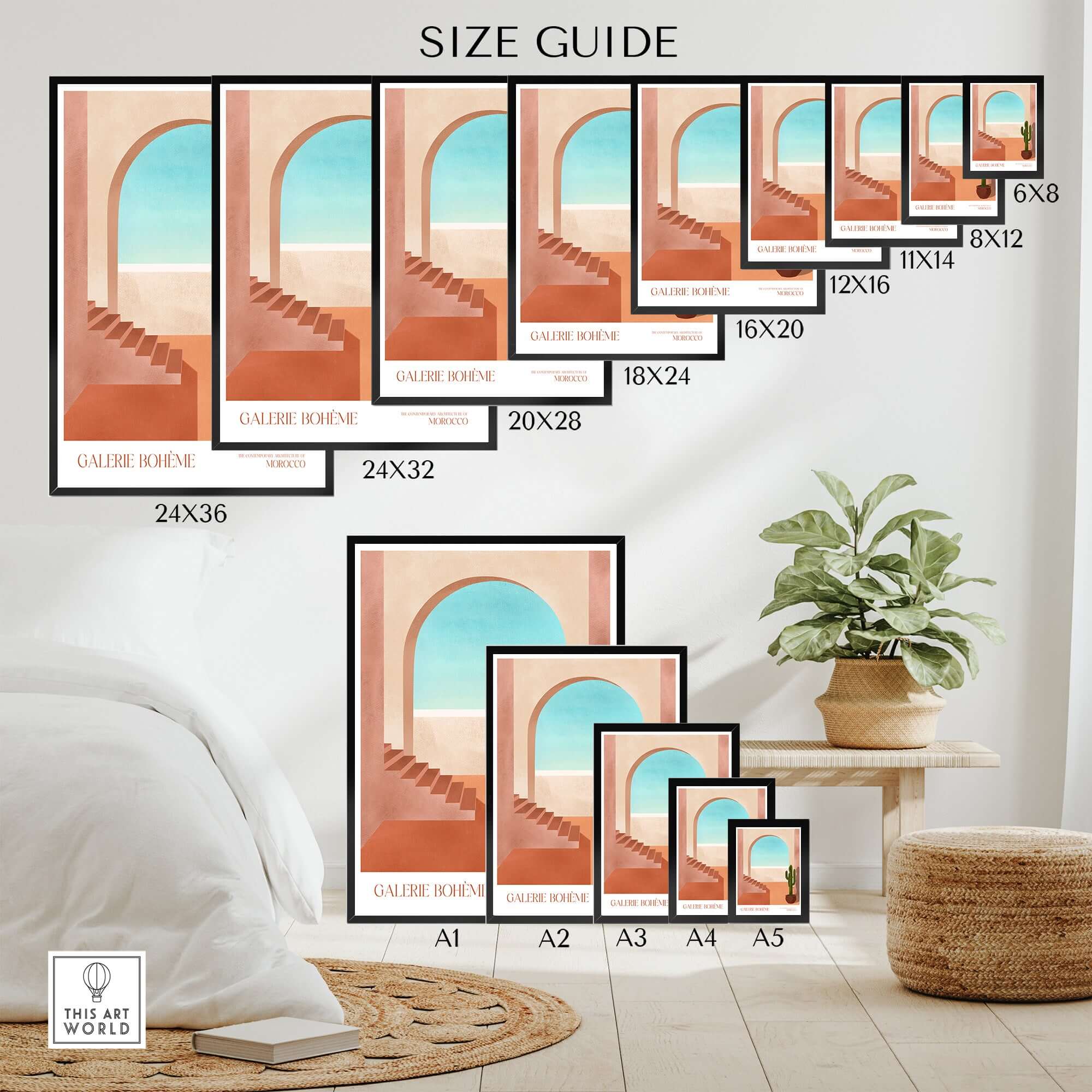 Size guide for Galerie Bohème Moroccan Archway Cactus Art Print Terracotta Wall Decor Poster with dimensions displayed.