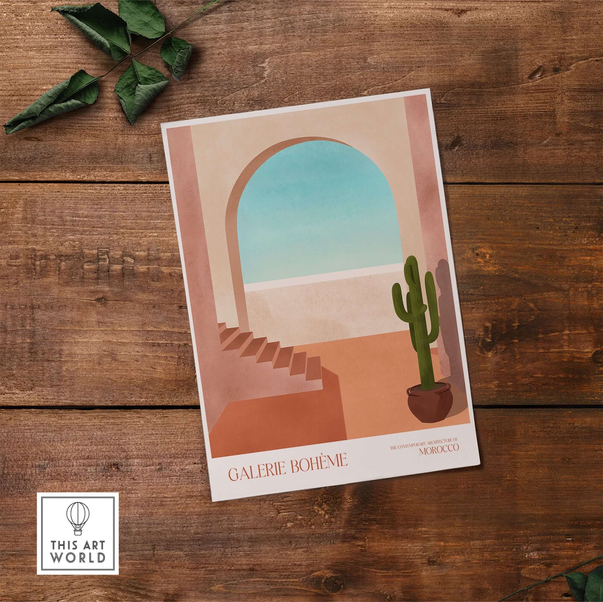 Galerie Bohème Moroccan Archway Cactus Art Print Terracotta Wall Decor Poster depicting minimalist architecture.