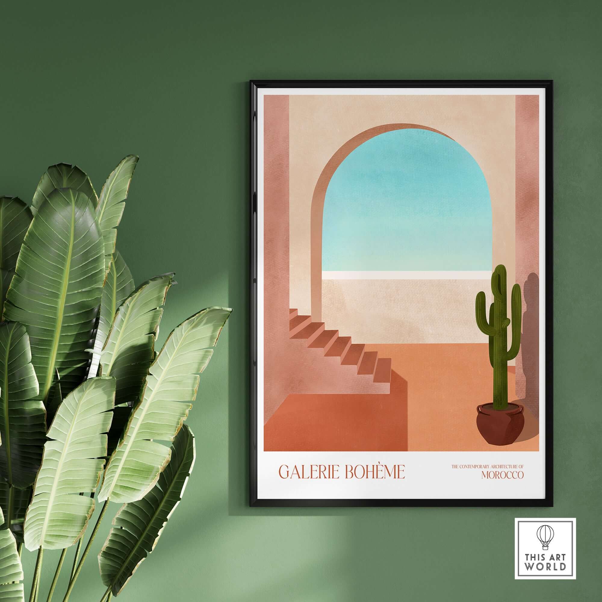 Galerie Bohème Moroccan Archway Cactus Art Print Terracotta Wall Decor Poster featuring minimalist architecture and cactus.