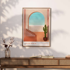 Galerie Bohème Moroccan Archway Cactus Art Print Terracotta Wall Decor Poster displayed in a stylish interior setting.