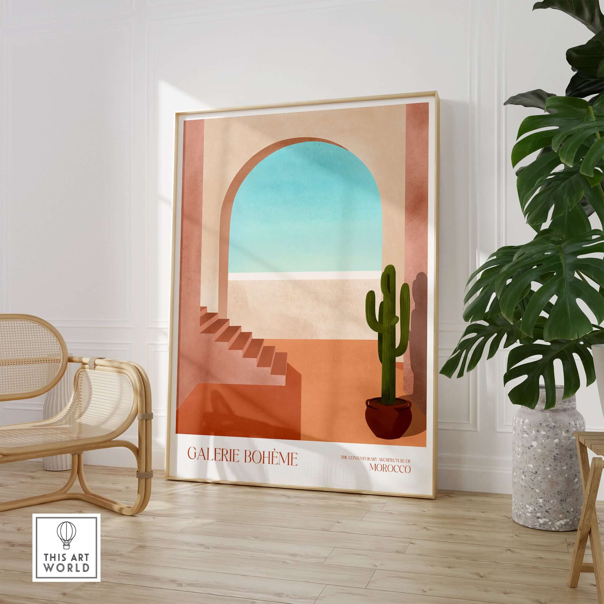 Galerie Bohème Moroccan Archway Cactus Art Print Terracotta Wall Decor Poster displayed in a modern interior setting.