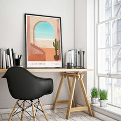 Galerie Bohème Moroccan Archway Cactus Art Print Terracotta Wall Decor Poster displayed in a modern interior setting.