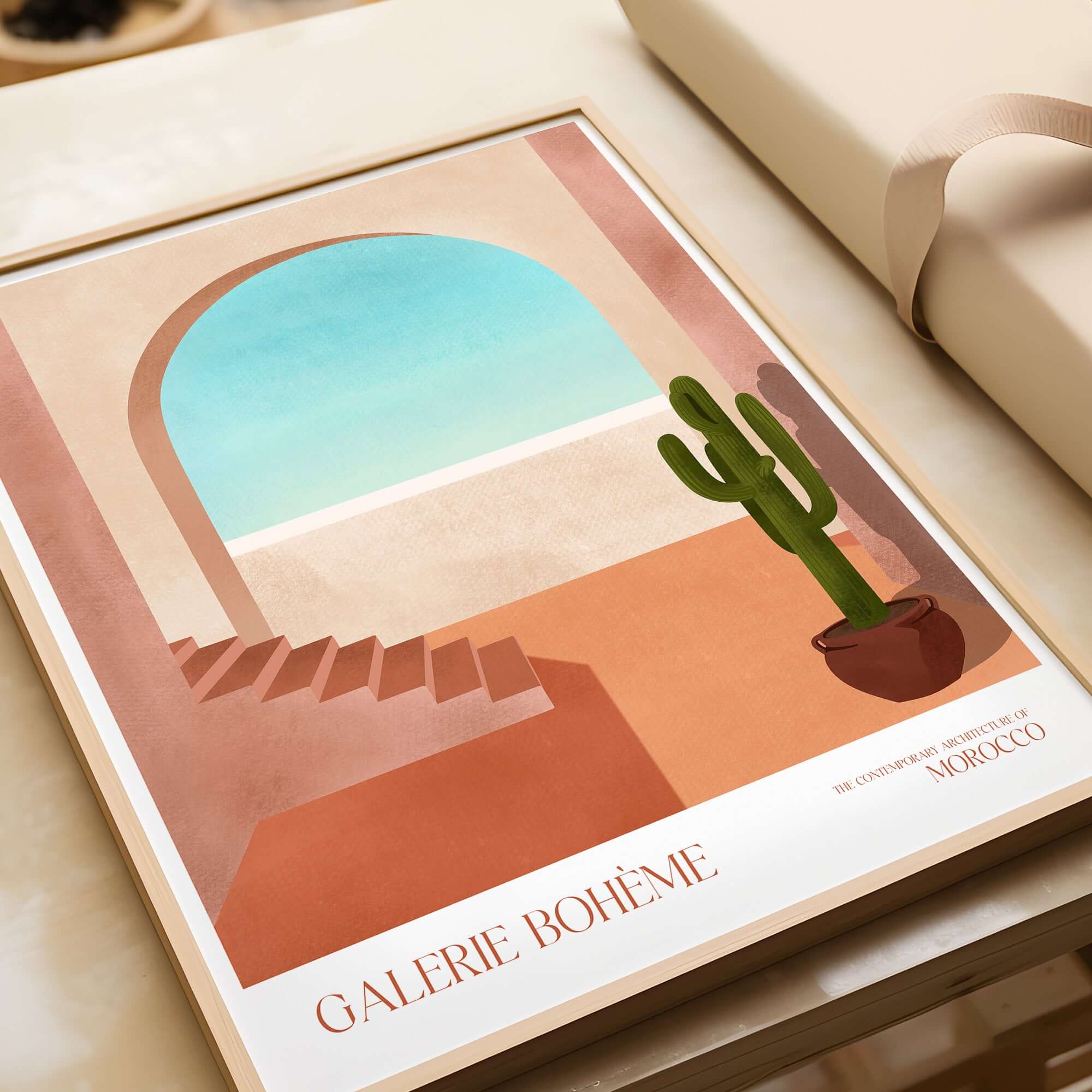Galerie Bohème Moroccan Archway Cactus Art Print Terracotta Wall Decor Poster featuring a minimalist design.