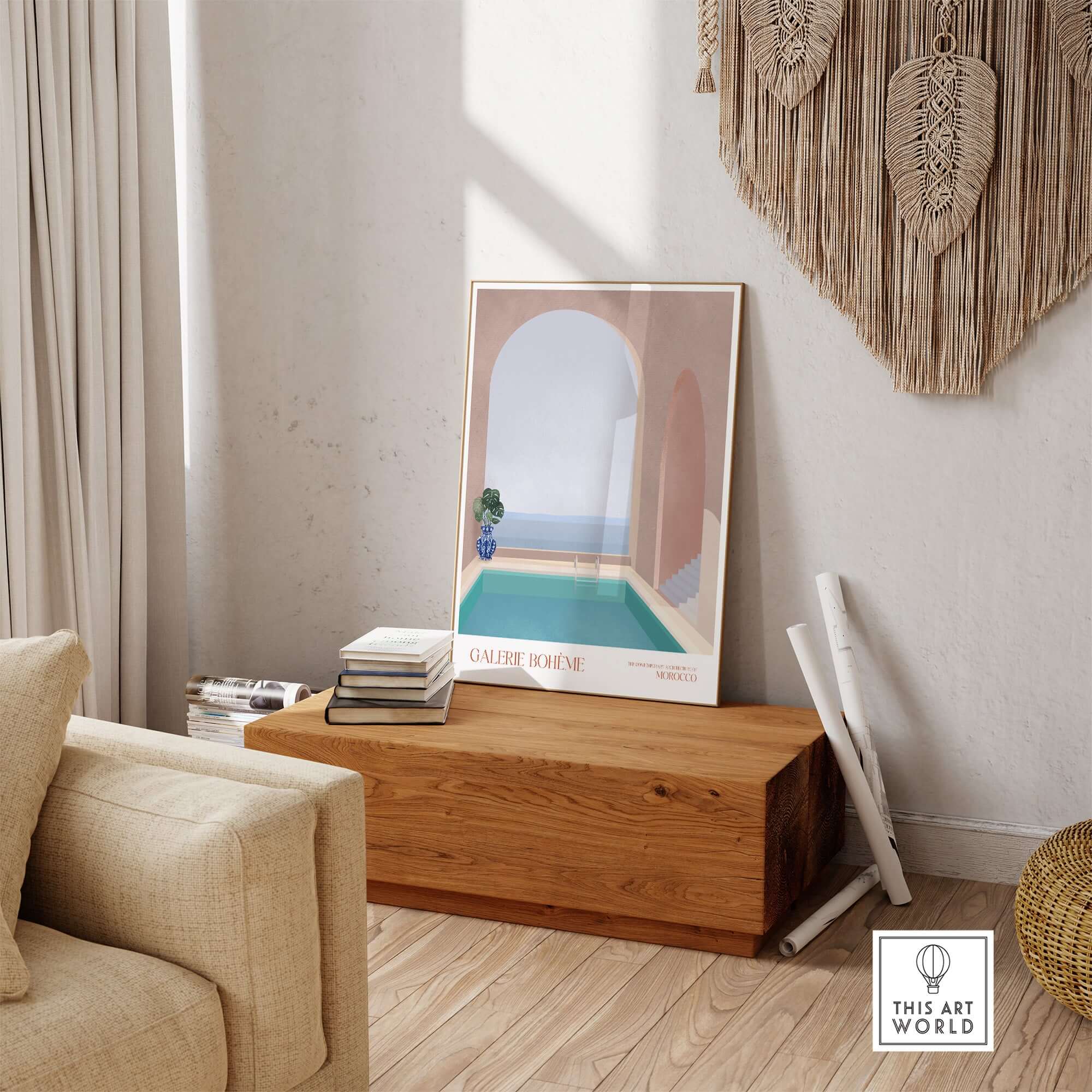 Galerie Bohème Moroccan Pool Ocean Archway Art Print Mediterranean Poster displayed in a cozy living room setting.