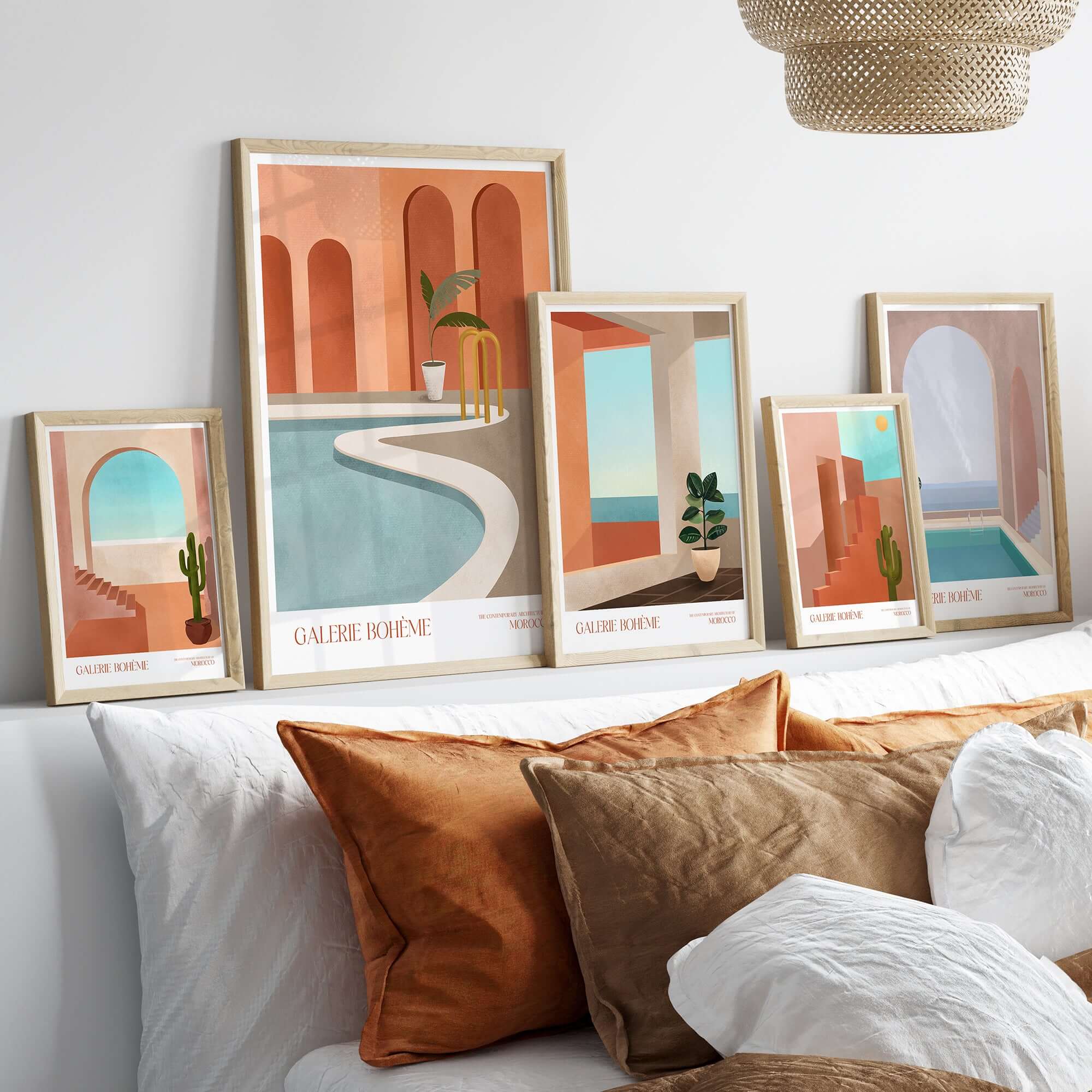 Galerie Bohème Moroccan Pool Ocean Archway Art Print Mediterranean Poster displayed on a stylish wall with decorative pillows.