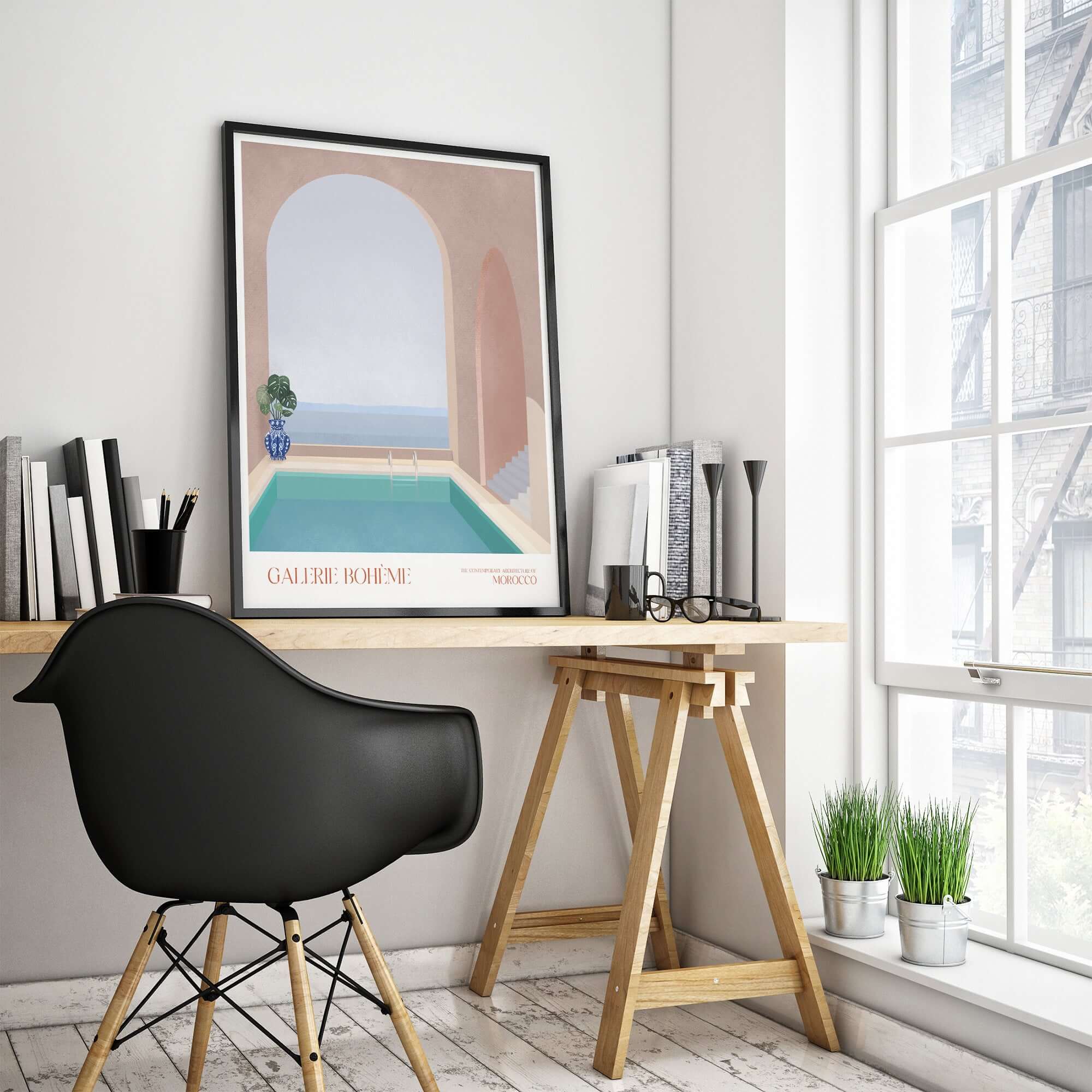 Galerie Bohème Moroccan Pool Ocean Archway Art Print Mediterranean Poster displayed in a stylish workspace.