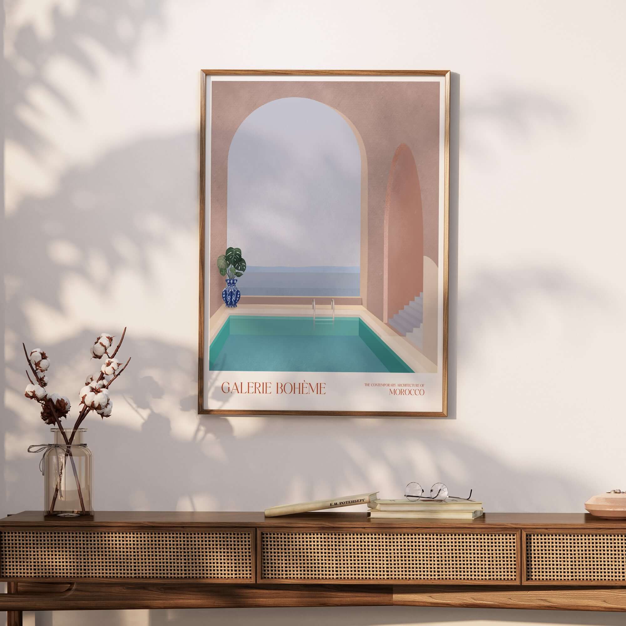 Galerie Bohème Moroccan Pool Ocean Archway Art Print Mediterranean Poster featuring a serene pool and archway design.