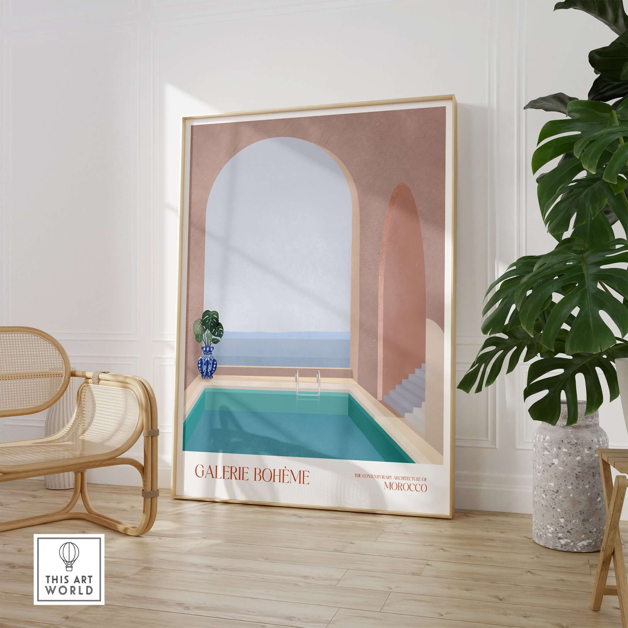Galerie Bohème Moroccan Pool Ocean Archway Art Print Mediterranean Poster showcasing contemporary Moroccan architecture.