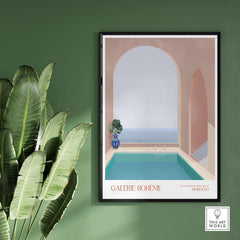 Galerie Bohème Moroccan Pool Ocean Archway Art Print Mediterranean Poster showcasing serene pool and elegant archways.