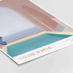 Galerie Bohème Moroccan Pool Ocean Archway Art Print Mediterranean Poster featuring a tranquil swimming pool and elegant architecture.