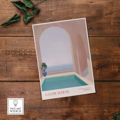 Galerie Bohème Moroccan Pool Ocean Archway Art Print Mediterranean Poster showcasing a tranquil turquoise pool and elegant archways.