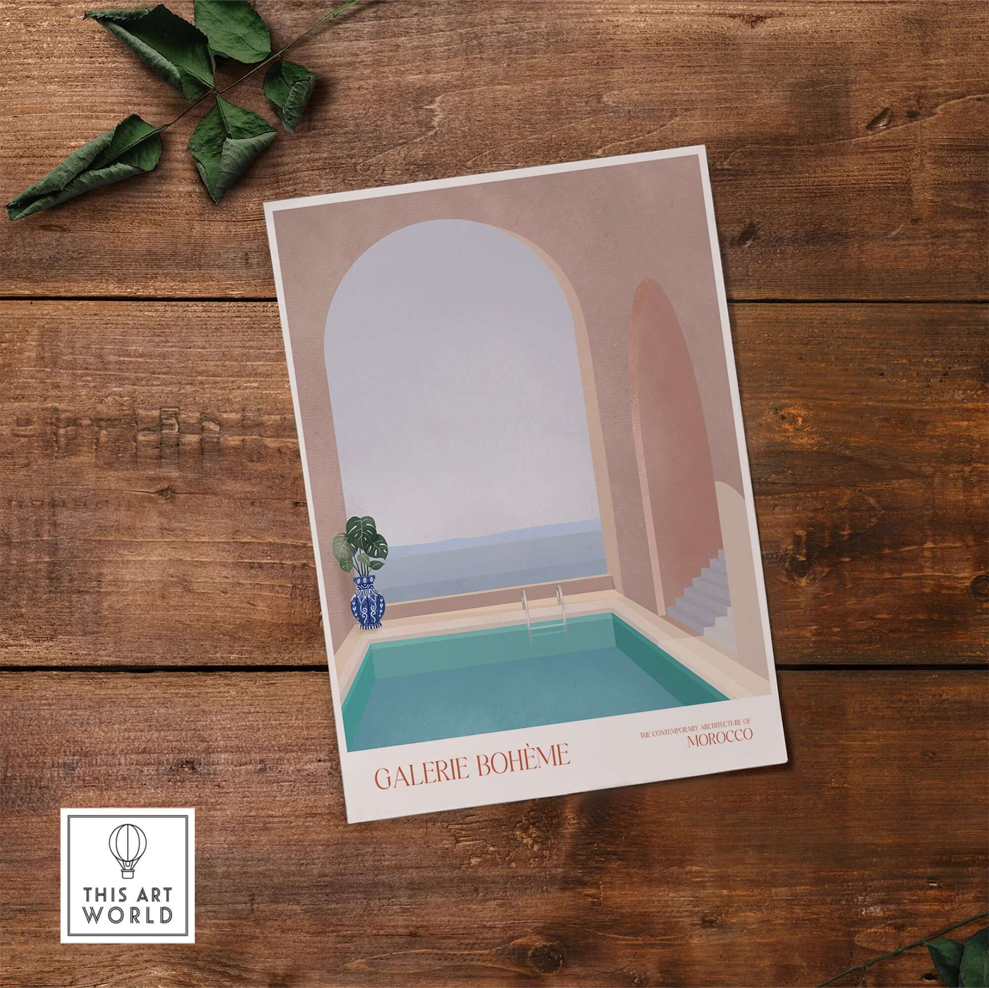 Galerie Bohème Moroccan Pool Ocean Archway Art Print Mediterranean Poster showcasing a tranquil turquoise pool and elegant archways.