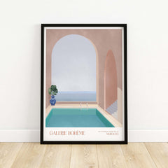 Galerie Bohème Moroccan Pool Ocean Archway Art Print Mediterranean Poster showcasing a tranquil turquoise pool and elegant archways.