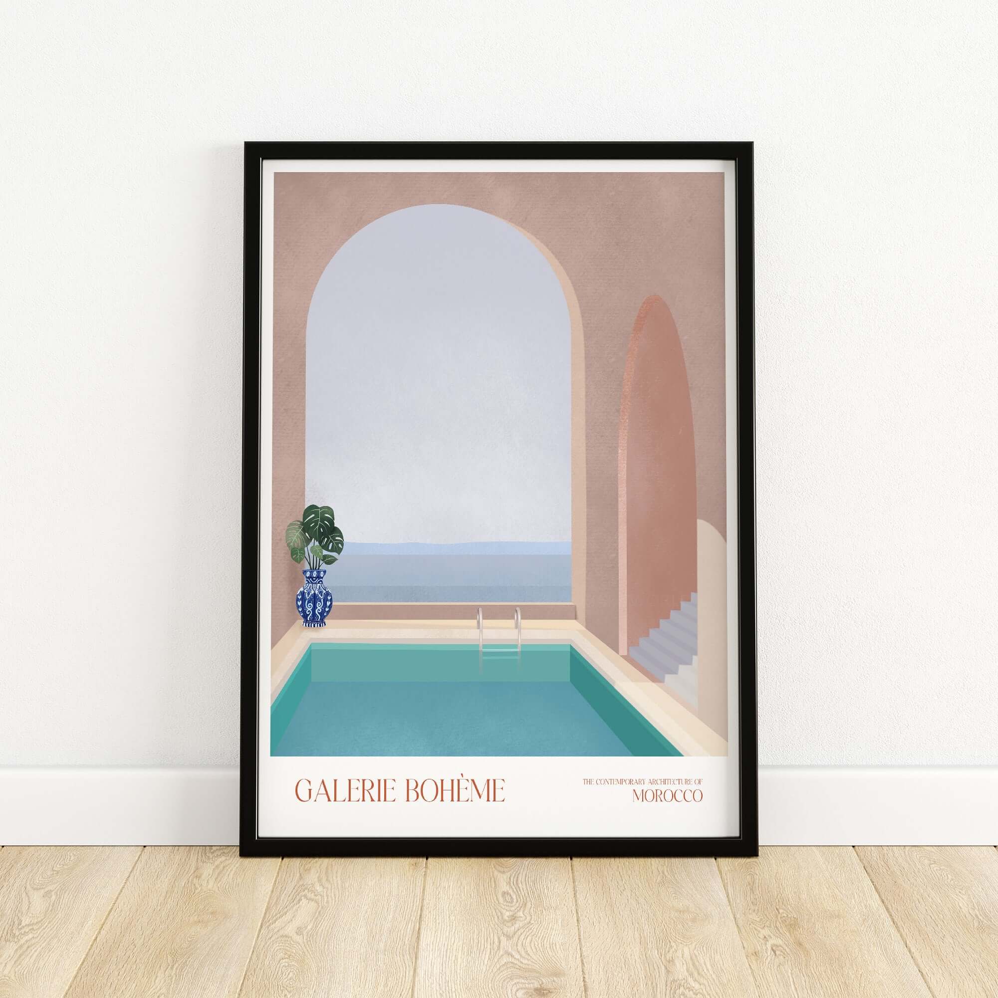 Galerie Bohème Moroccan Pool Ocean Archway Art Print Mediterranean Poster showcasing a tranquil turquoise pool and elegant archways.