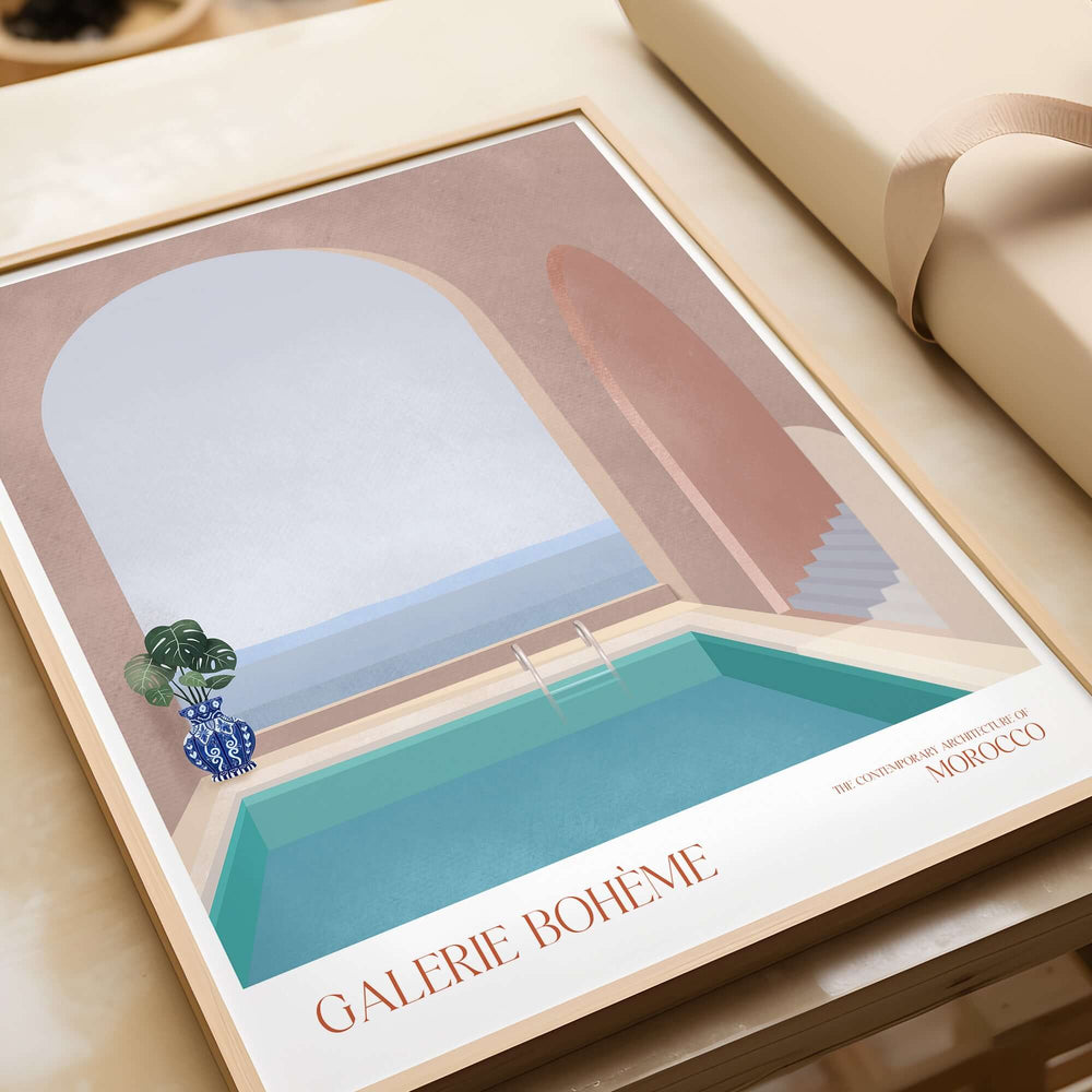 Galerie Bohème Moroccan Pool Ocean Archway Art Print Mediterranean Poster featuring turquoise pool and archway design