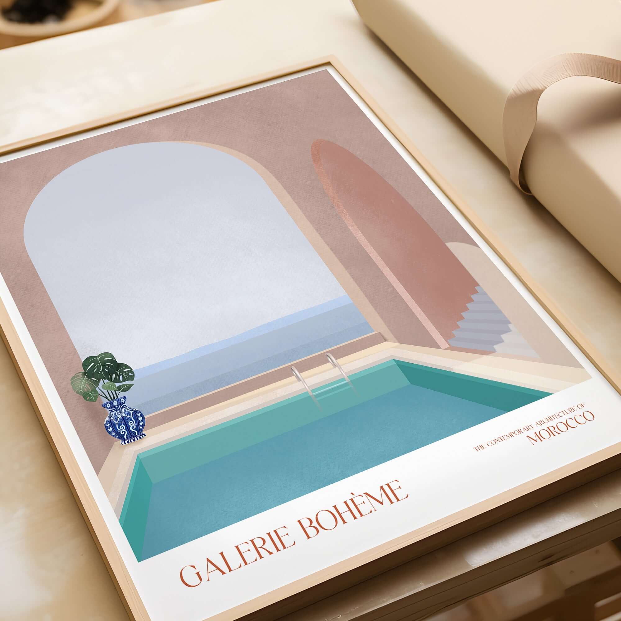 Galerie Bohème Moroccan Pool Ocean Archway Art Print Mediterranean Poster featuring turquoise pool and archway design