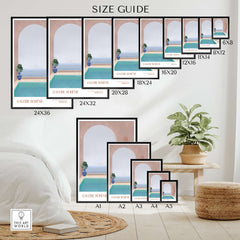 Size guide for Galerie Bohème Moroccan Pool Ocean Archway Art Print Mediterranean Poster featuring various frame sizes.
