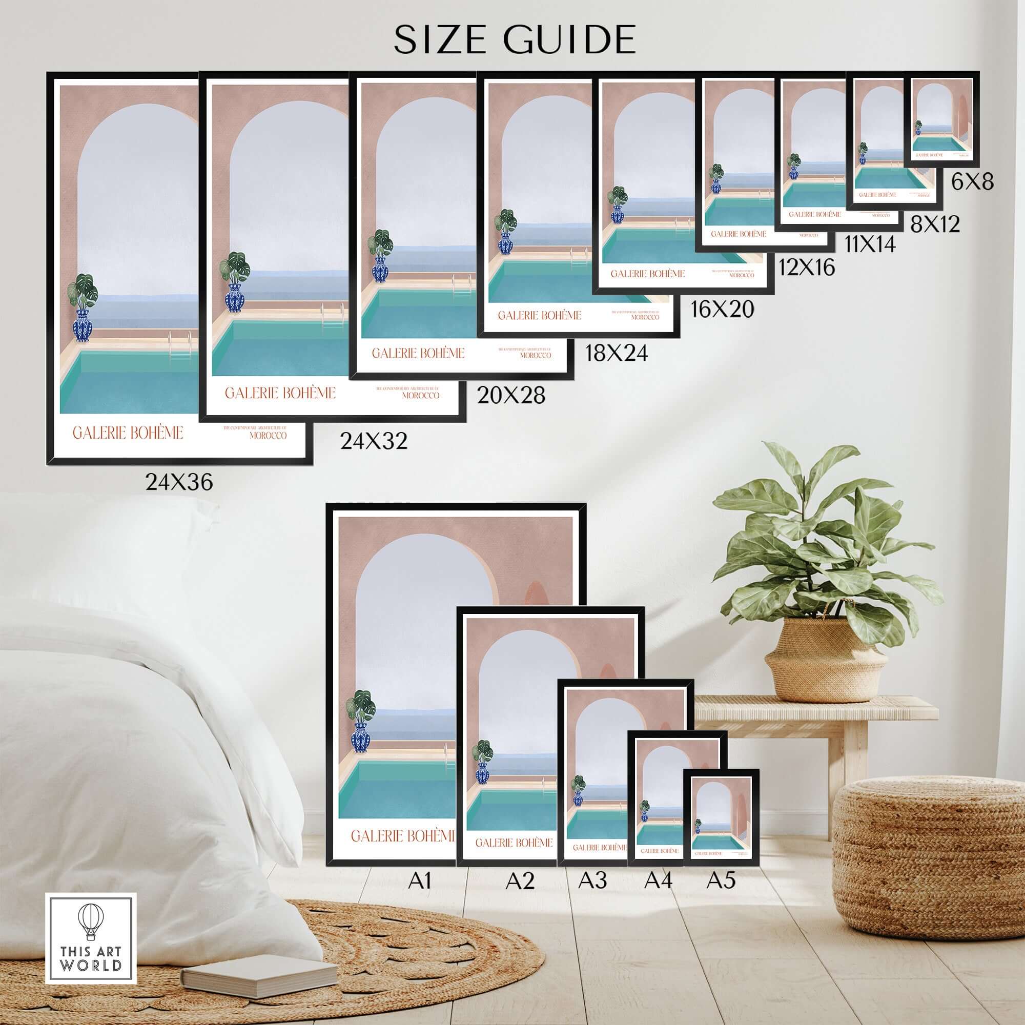 Size guide for Galerie Bohème Moroccan Pool Ocean Archway Art Print Mediterranean Poster featuring various frame sizes.
