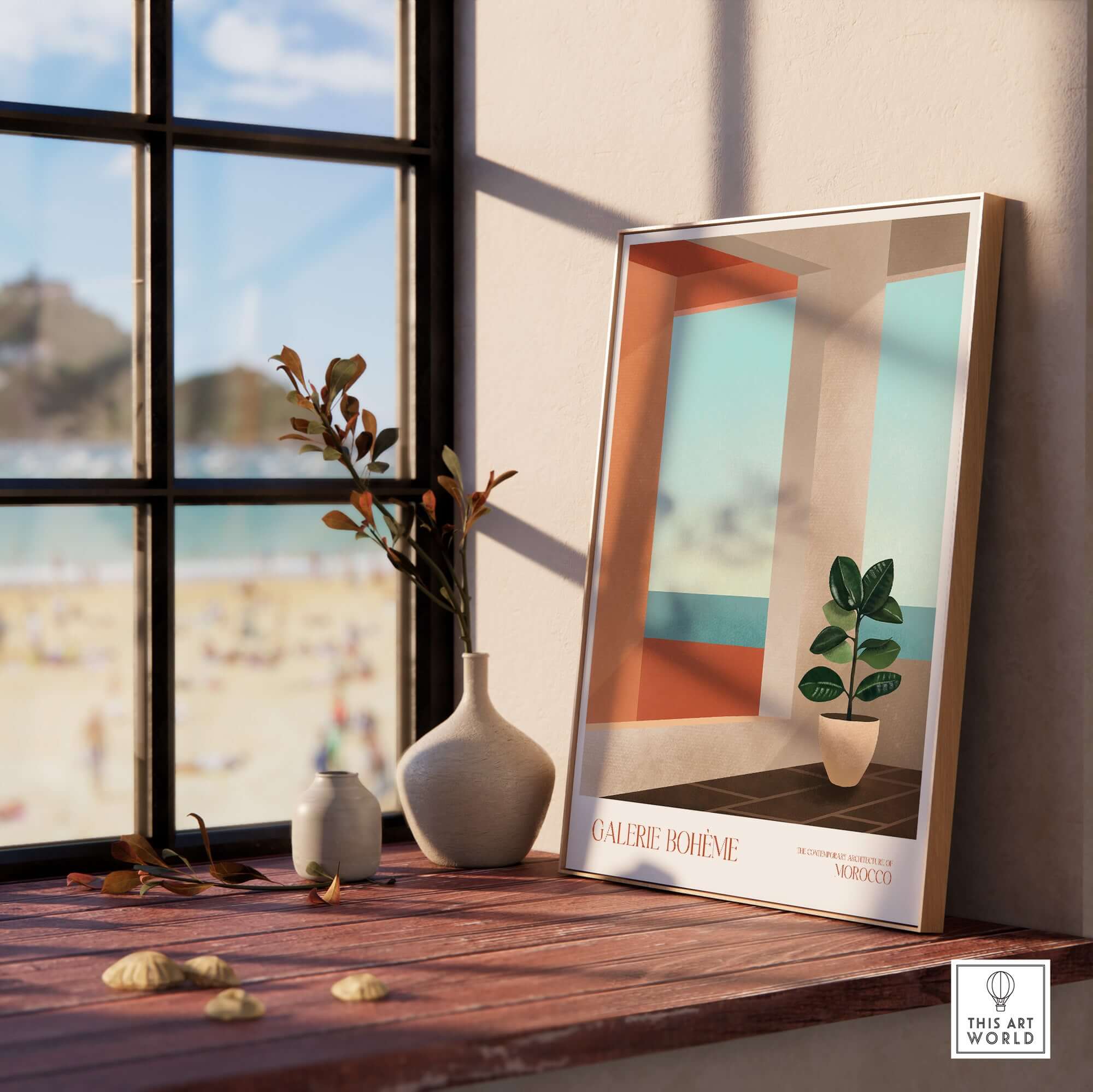 Galerie Bohème Ocean View Window Moroccan Style Art Print Boho Decor Poster displayed indoors next to a window with plants.