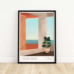 Galerie Bohème Ocean View Window Moroccan Style Art Print Boho Decor Poster featuring a minimalist interior with ocean view.