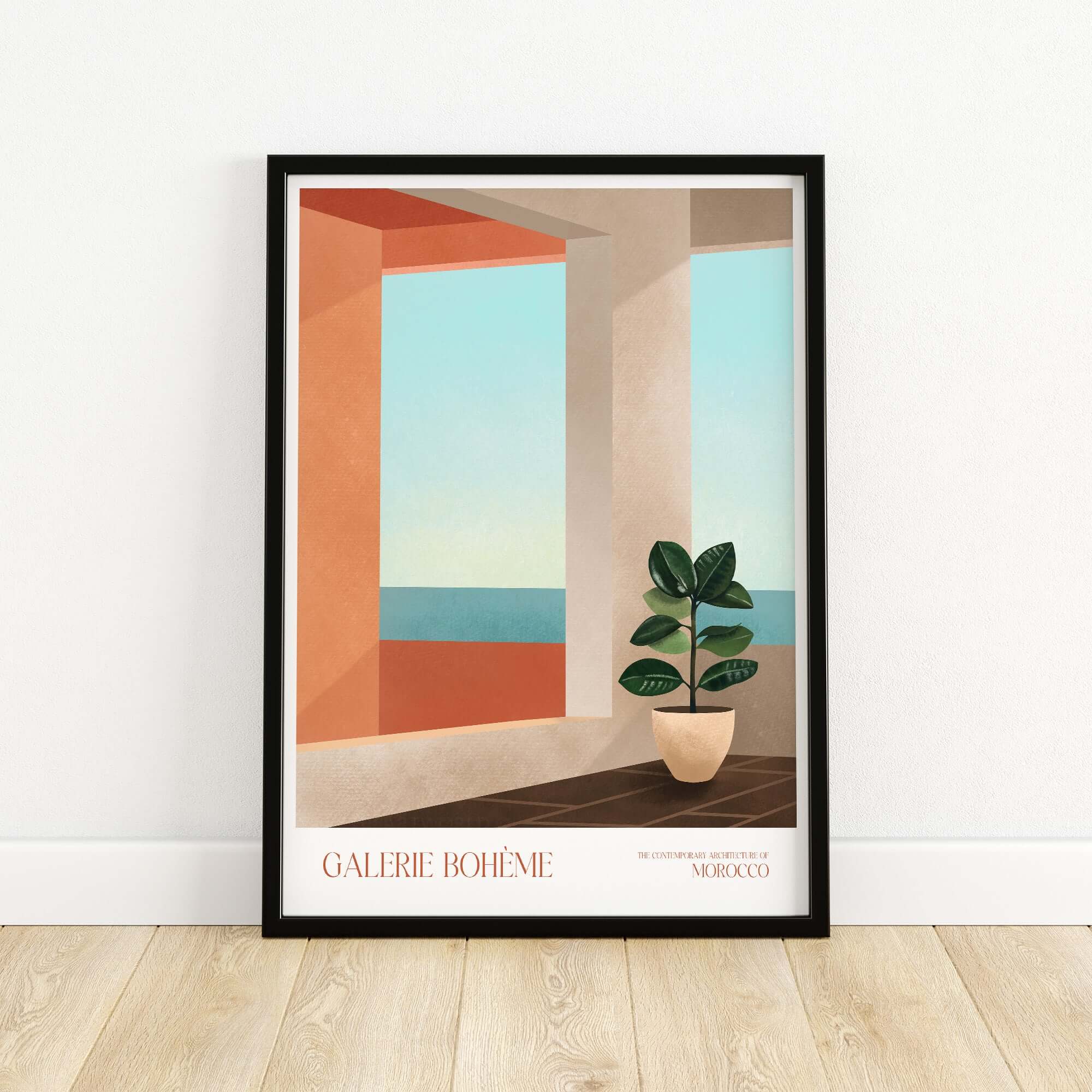 Galerie Bohème Ocean View Window Moroccan Style Art Print Boho Decor Poster featuring a minimalist interior with ocean view.
