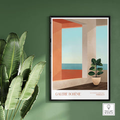 Galerie Bohème Ocean View Window Moroccan Style Art Print Boho Decor Poster featuring an elegant interior and ocean view.
