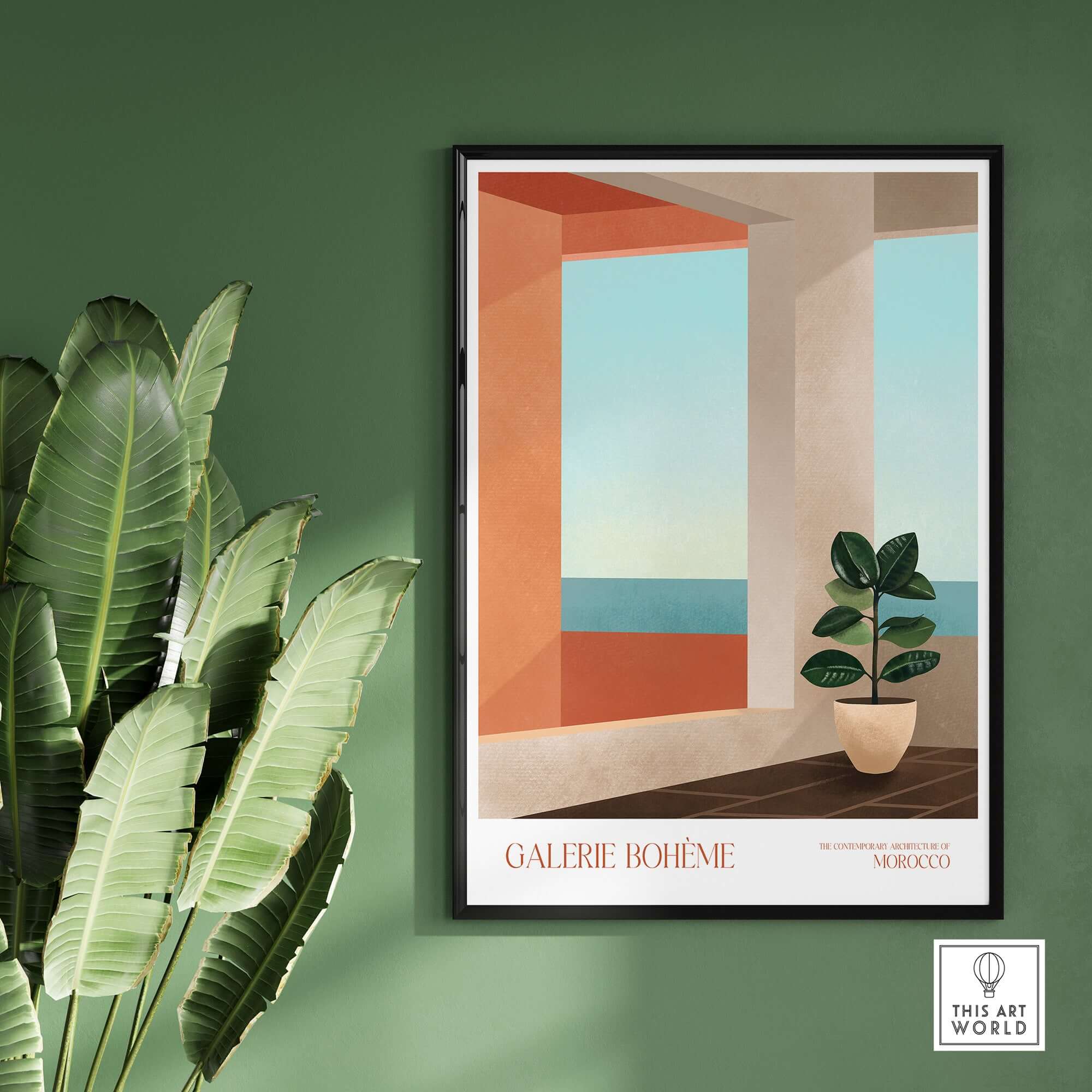 Galerie Bohème Ocean View Window Moroccan Style Art Print Boho Decor Poster featuring an elegant interior and ocean view.