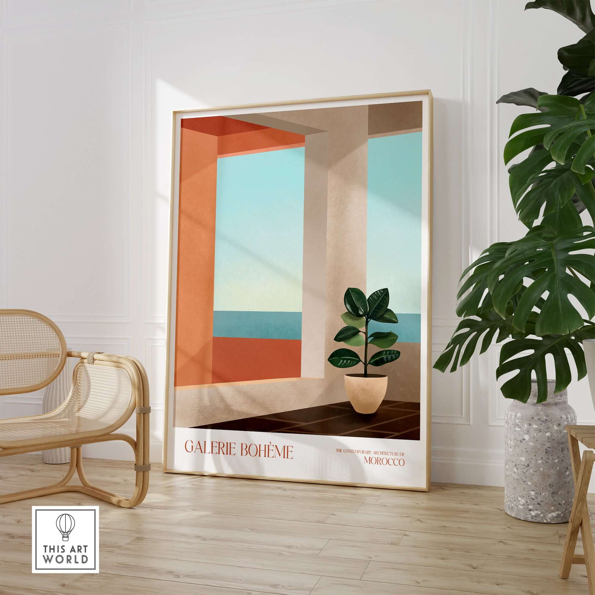 Galerie Bohème Ocean View Window Moroccan Style Art Print Boho Decor Poster in a modern interior setting.