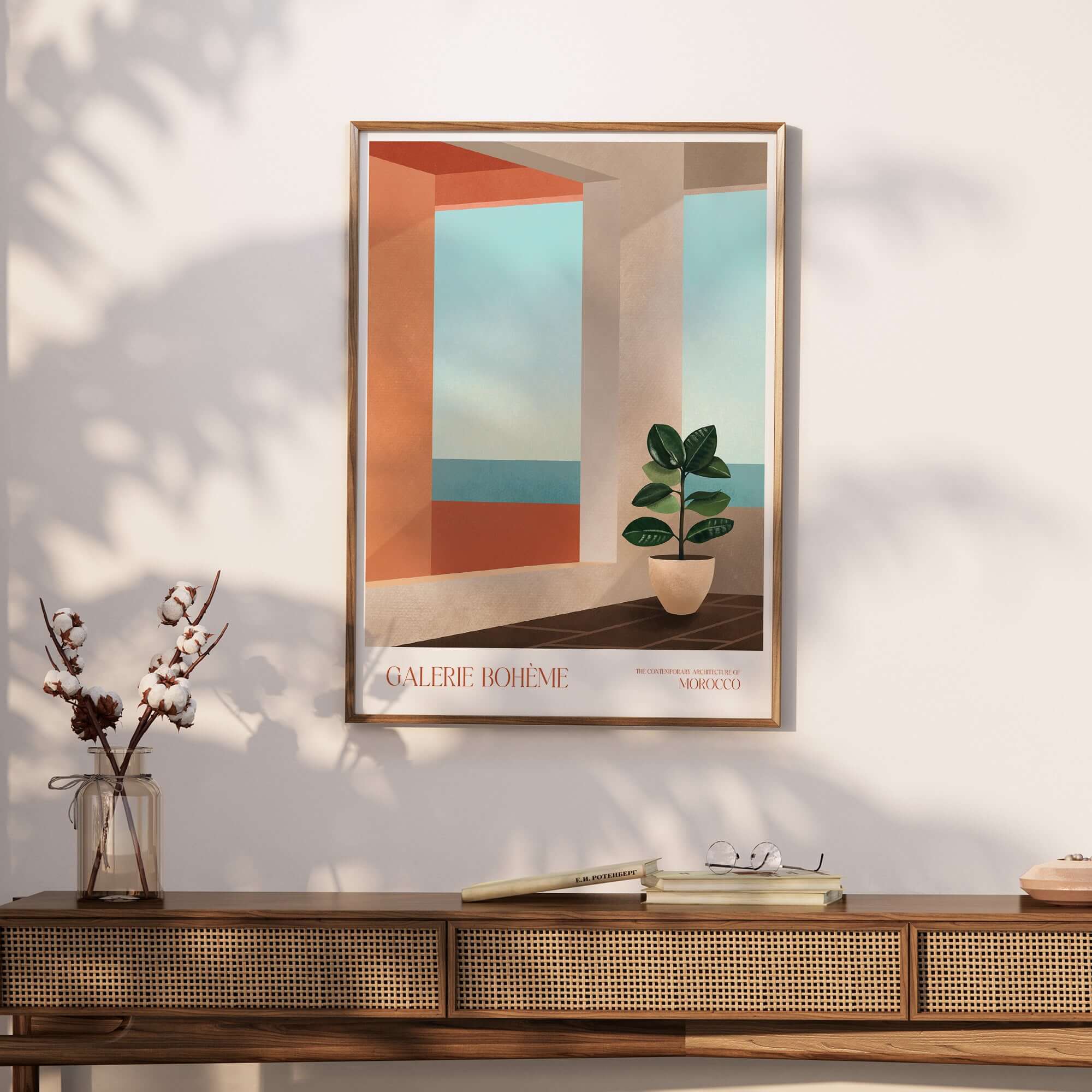 Galerie Bohème Ocean View Window Moroccan Style Art Print Boho Decor Poster displayed on a stylish wooden shelf.