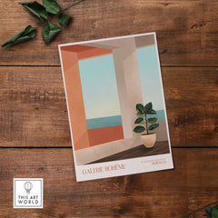 Galerie Bohème Ocean View Window Moroccan Style Art Print Boho Decor Poster showcasing a minimalist interior with ocean view.