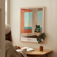 Galerie Bohème Ocean View Window Moroccan Style Art Print Boho Decor Poster displayed in a cozy interior setting.