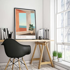 Galerie Bohème Ocean View Window Moroccan Style Art Print Boho Decor Poster displayed in a modern interior.