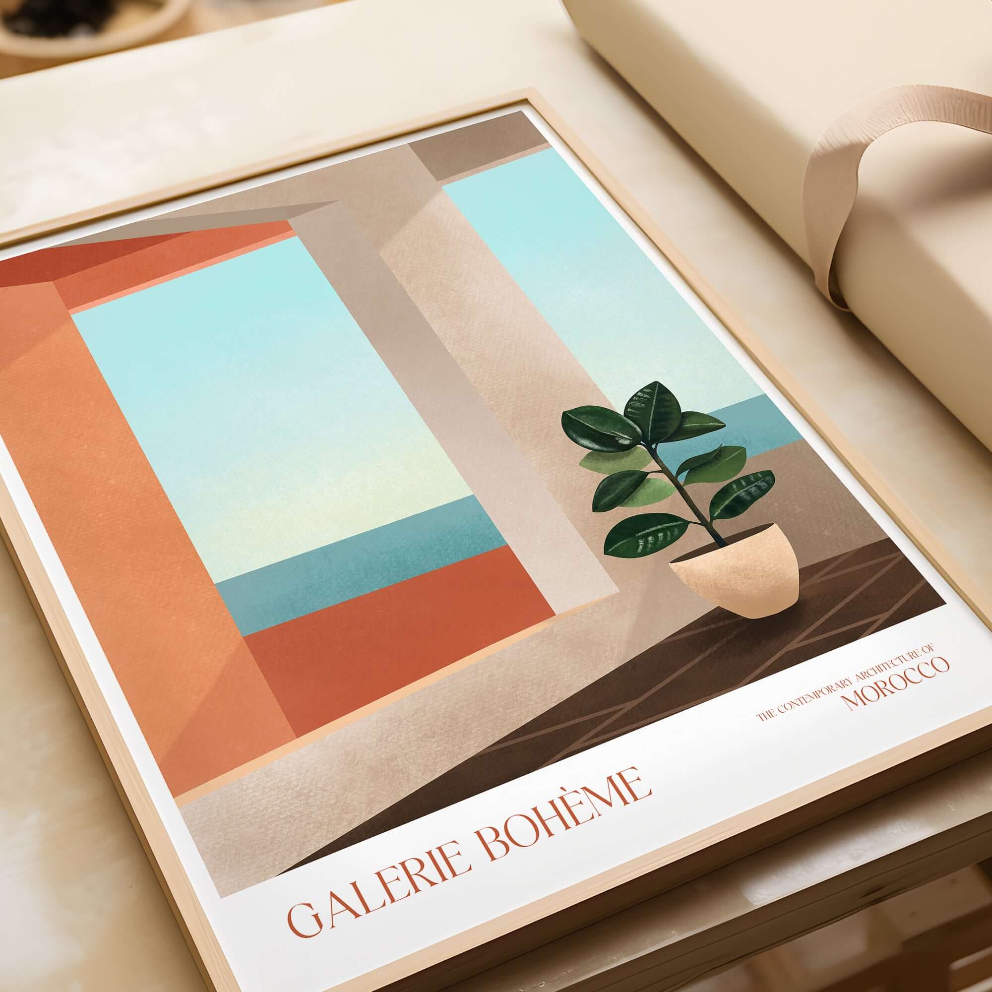 Galerie Bohème Ocean View Window Moroccan Style Art Print Boho Decor Poster featuring minimalist interior and potted plant.