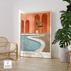 Galerie Bohème Poolside Morocco Architecture Poster Minimalist Wall Art Print featuring terracotta arches and a serene pool scene.