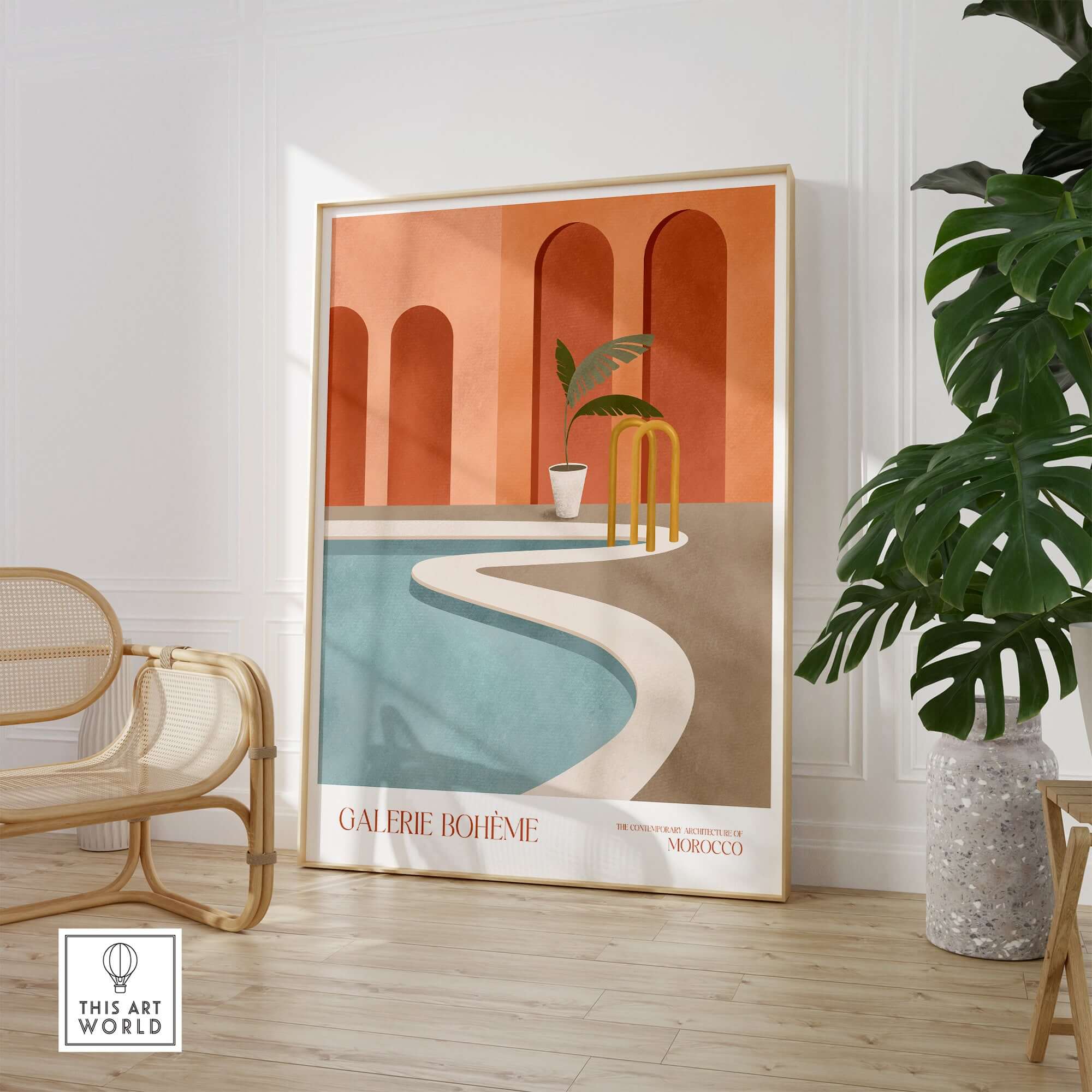 Galerie Bohème Poolside Morocco Architecture Poster Minimalist Wall Art Print featuring terracotta arches and a serene pool scene.