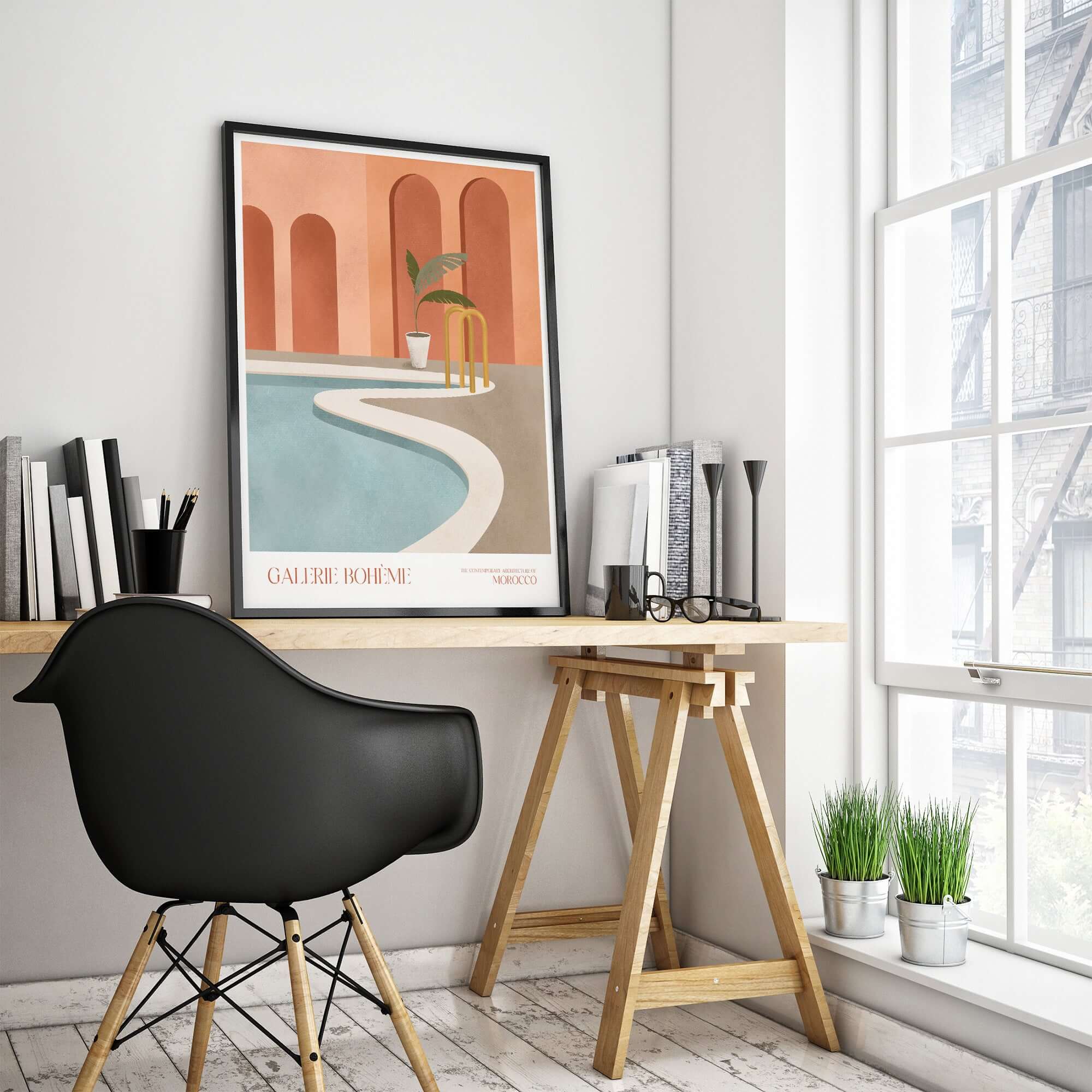 Galerie Bohème Poolside Morocco Architecture Poster Minimalist Wall Art Print displayed in a modern interior setting.