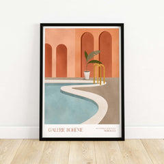 Galerie Bohème Poolside Morocco Architecture Poster Minimalist Wall Art Print featuring a serene poolside scene.