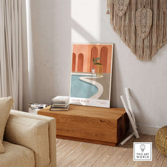 Galerie Bohème Poolside Morocco Architecture Poster Minimalist Wall Art Print displayed in a stylish living room setting.