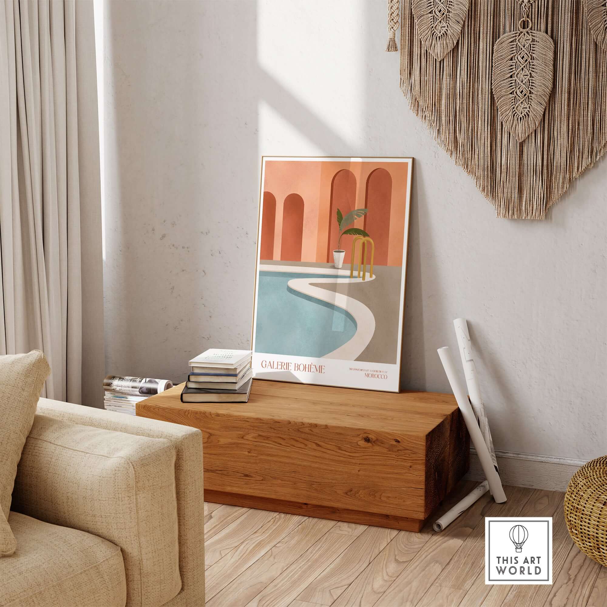 Galerie Bohème Poolside Morocco Architecture Poster Minimalist Wall Art Print displayed in a stylish living room setting.