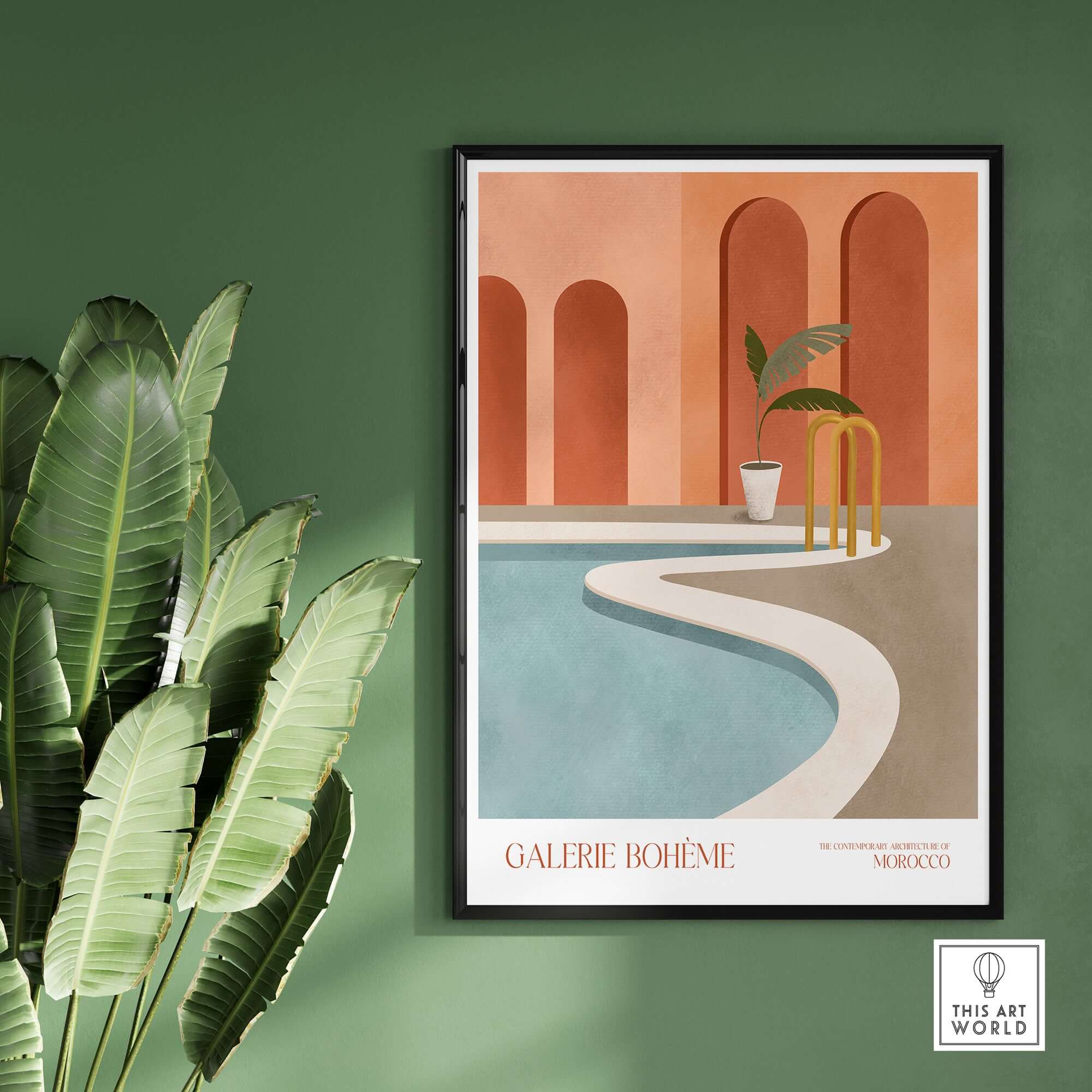 Galerie Bohème Poolside Morocco Architecture Poster Minimalist Wall Art Print on green wall with tropical plant.