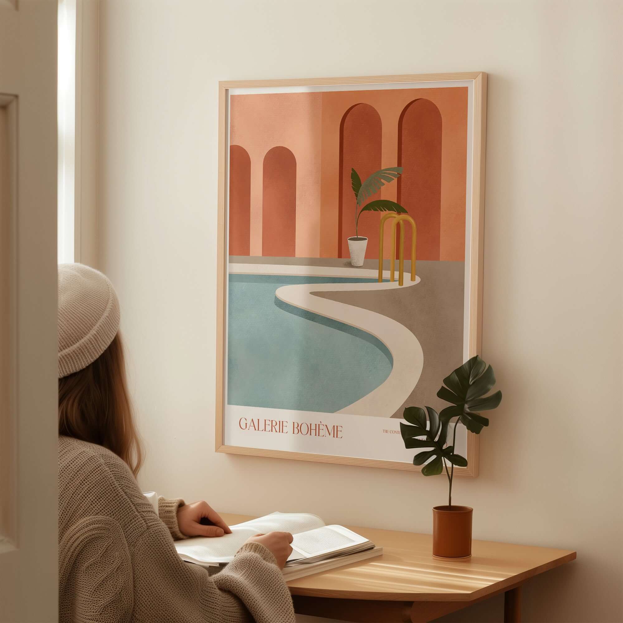Galerie Bohème Poolside Morocco Architecture Poster Minimalist Wall Art Print displayed in a cozy interior.