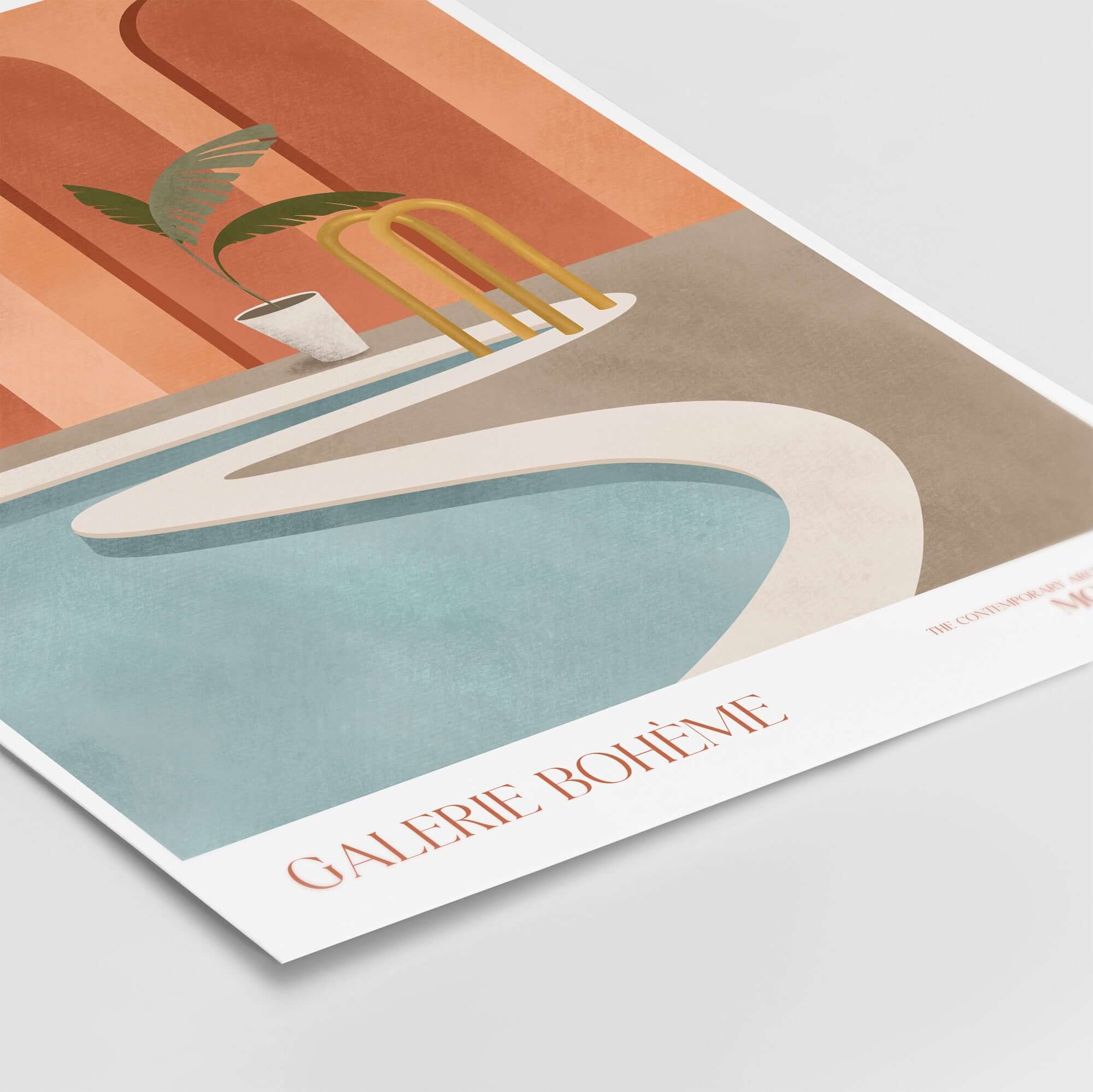 Gallery Bohème Poolside Morocco Architecture Poster Minimalist Wall Art Print featuring tranquil poolside scene.