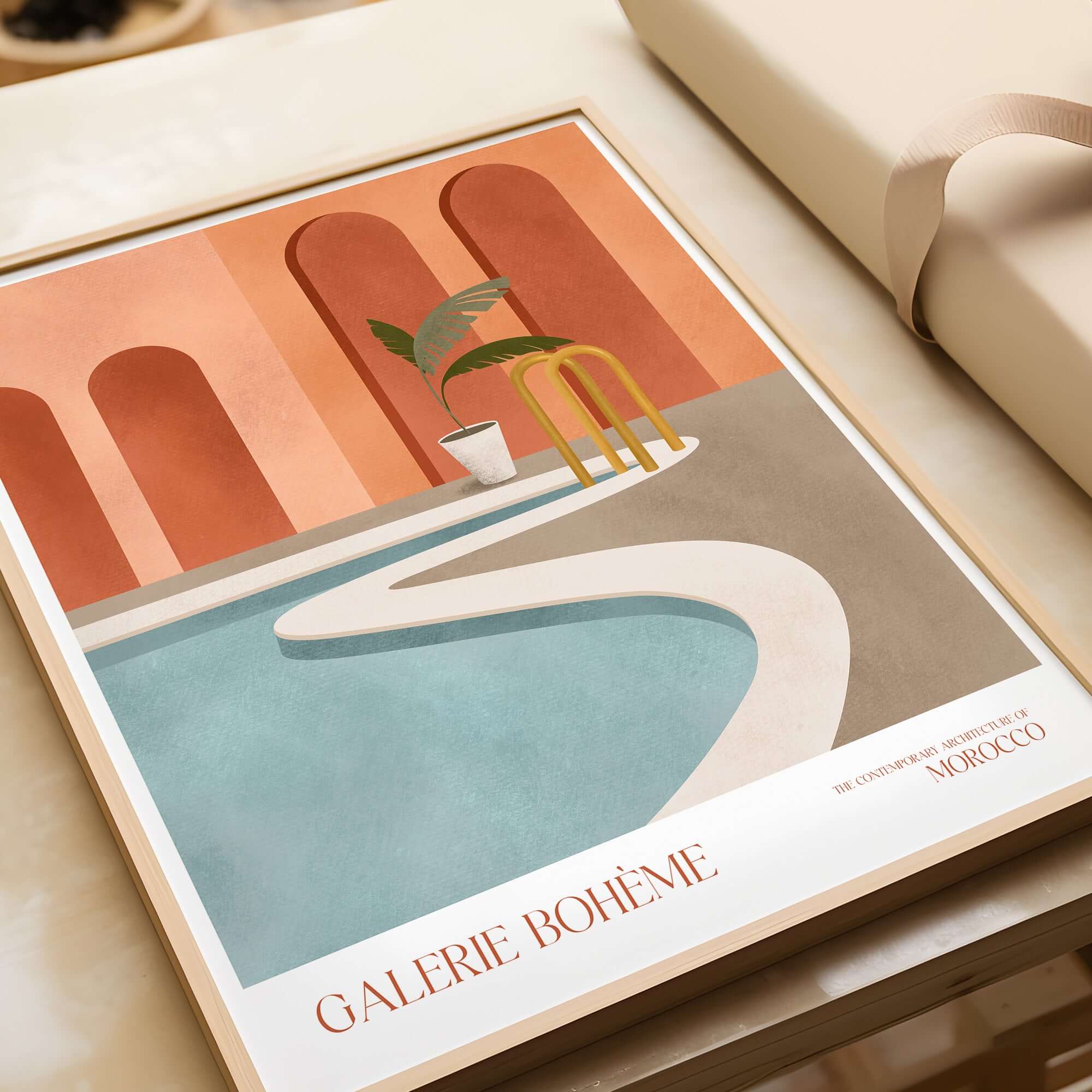 Galerie Bohème Poolside Morocco Architecture Poster Minimalist Wall Art Print featuring a tranquil poolside scene.