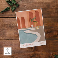 Galerie Bohème Poolside Morocco Architecture Poster Minimalist Wall Art Print featuring a serene poolside scene.