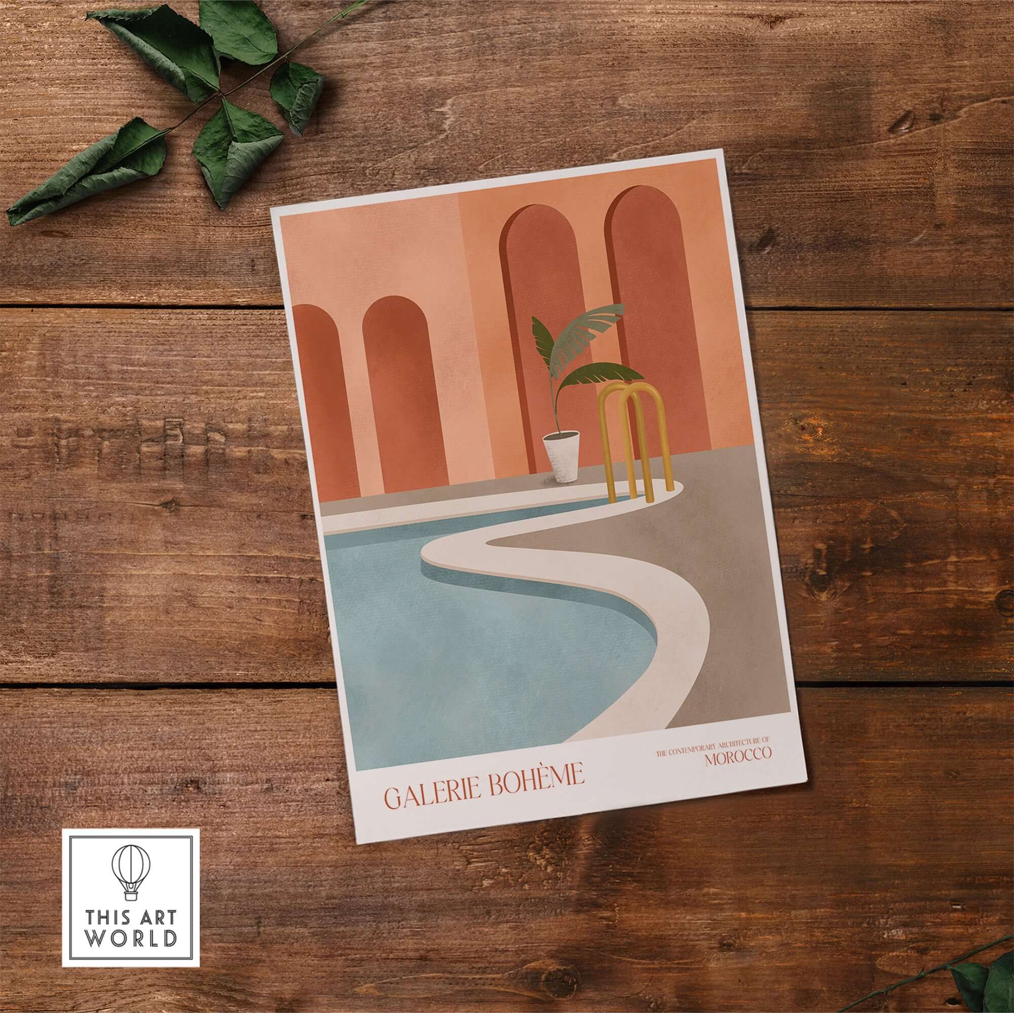 Galerie Bohème Poolside Morocco Architecture Poster Minimalist Wall Art Print featuring a serene poolside scene.